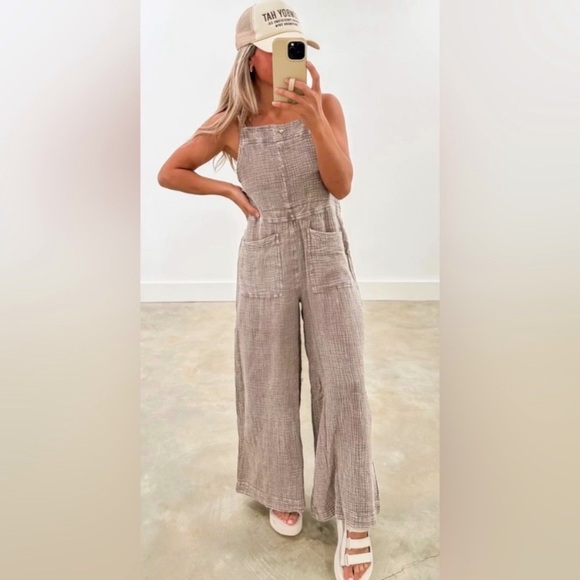 New! Easel Mushroom Washed Cotton Jumpsuit Overalls - Picture 7 of 7